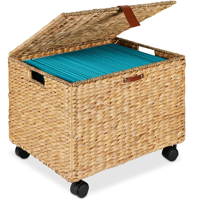 Mobile Water Hyacinth Rolling Filing Cabinet Storage Basket w/ Lid, Wheels - product view 1