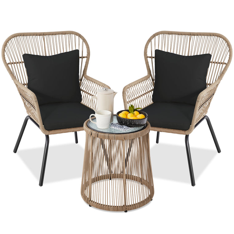 3-Piece Patio Wicker Conversation Bistro Set w/ 2 Chairs, Glass Top Table - product view 1