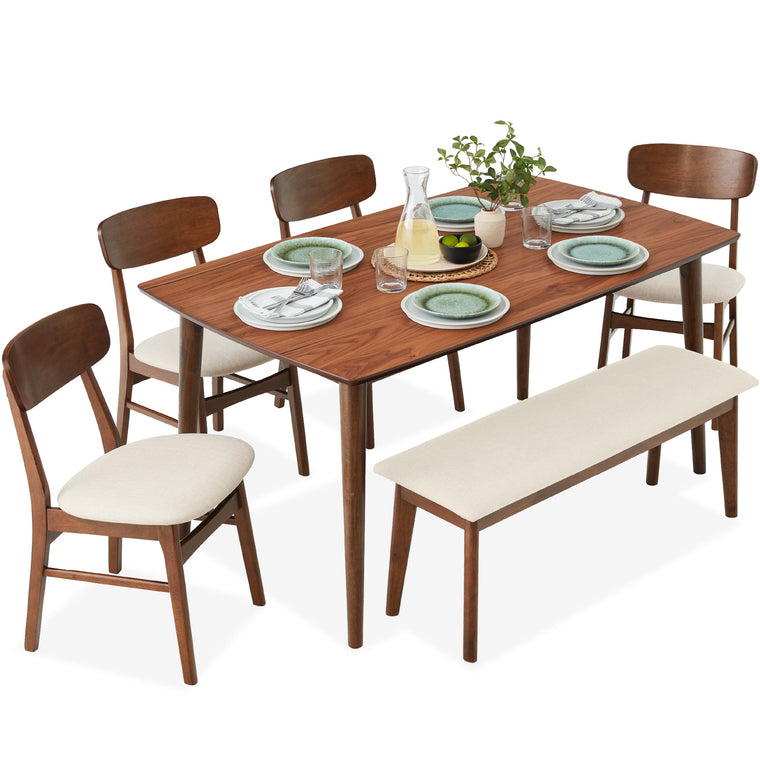 6-Piece Mid-Century Modern Upholstered Wooden Dining Set w/ 4 Chairs, Bench - product view 1