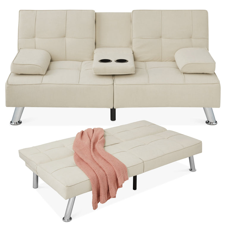 Linen Upholstered Convertible Sofa Bed Futon w/ 2 Cupholders - product view 1