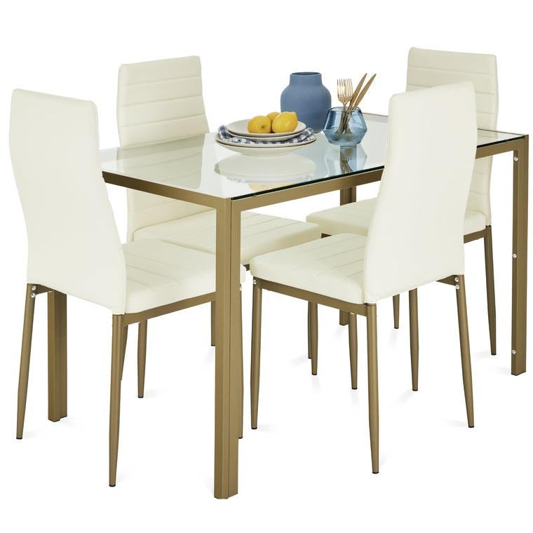 5-Piece Dining Table Set w/ Glass Top, Leather Chairs - product view 1