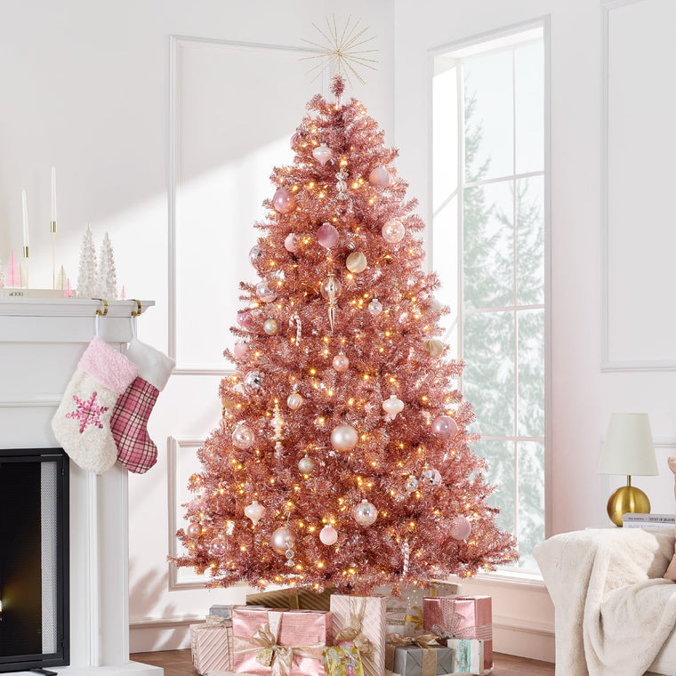 Prelit Pink Artificial Tinsel Christmas Tree w/ Foldable Stand - product view 1