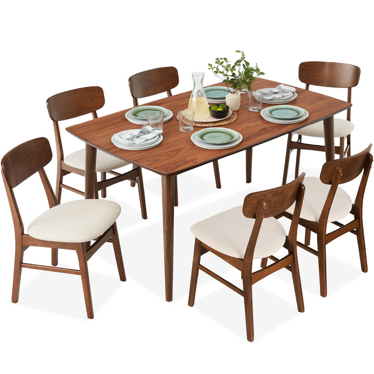 7-Piece Mid-Century Modern Dining Set, Wood Upholstered w/ 6 Chairs - product view 1