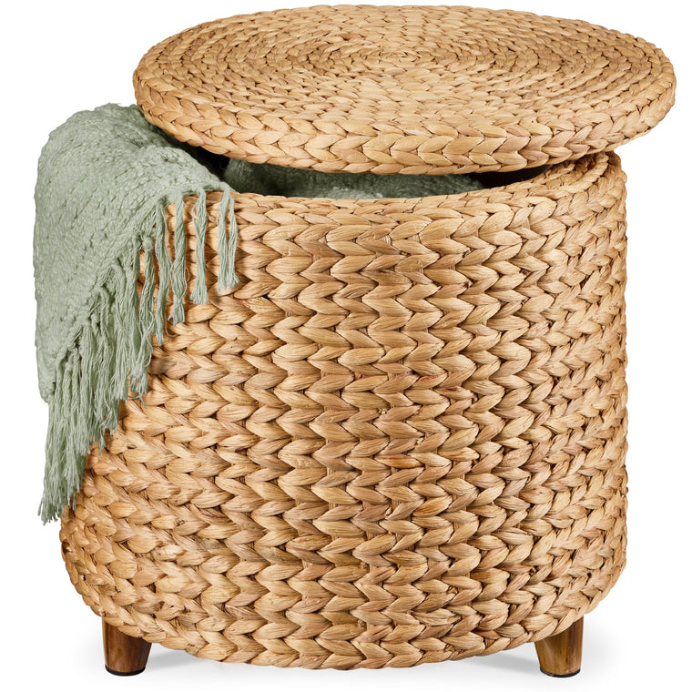 17" Round Storage Ottoman with Lid, Handwoven Water Hyacinth Footstool - product view 1