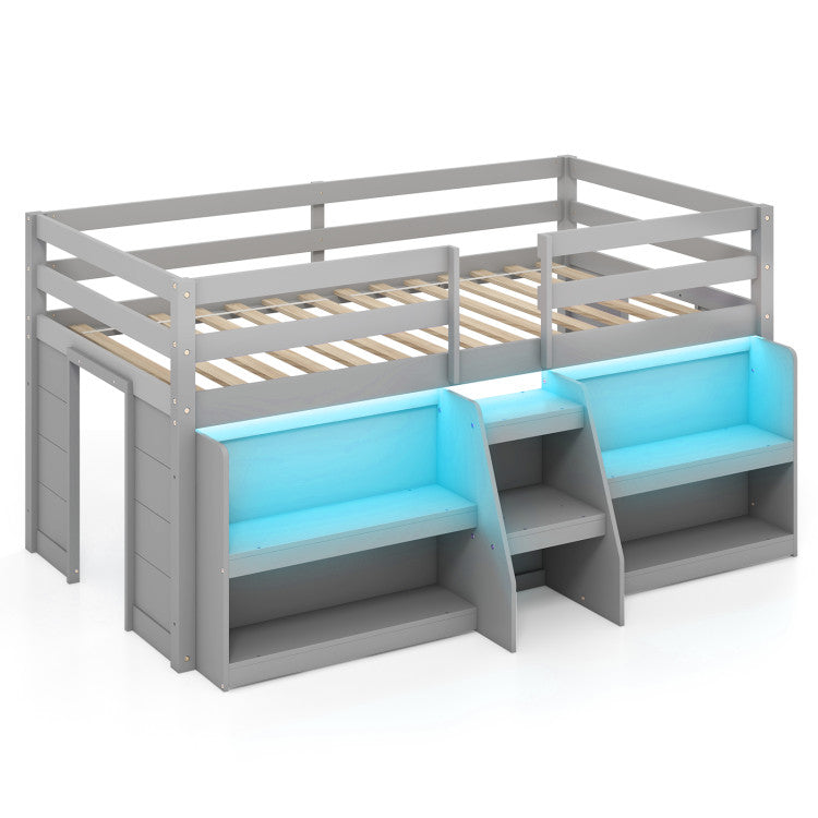 Low Loft Bed with LED Lights, Wooden Twin Loft Bed with Stairs & Safety Guardrail - product view 1