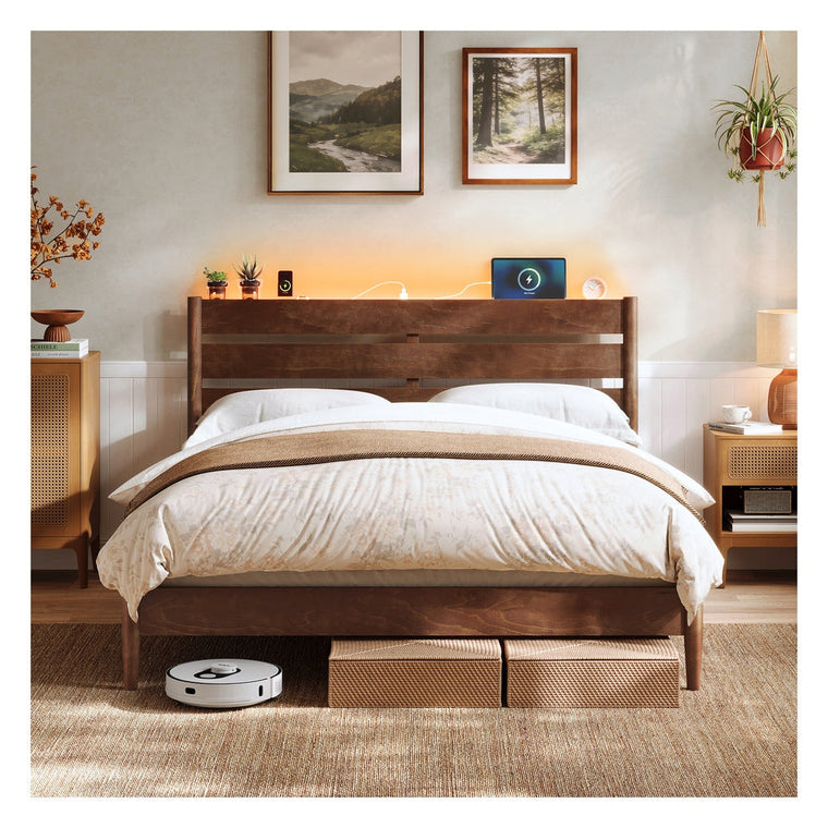 Mid-Century Modern Bed Frame with LED Headboard & Charging Station - product view 1