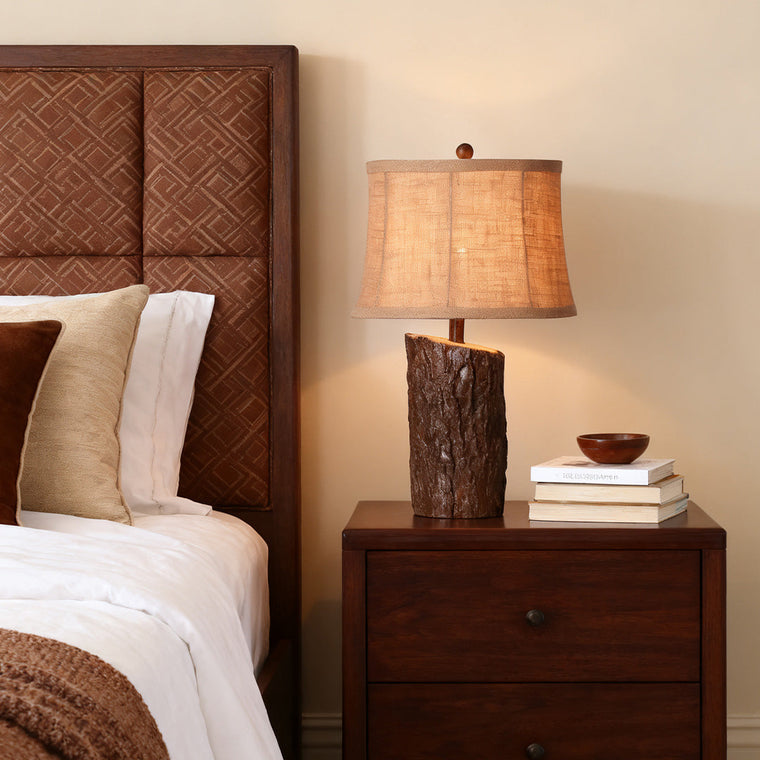 Faux Wood Table Lamp Bark-Textured Fabric Shade Nightstand Light - product view 1