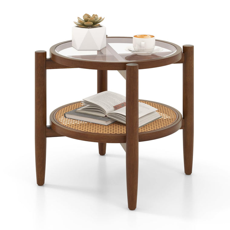 Rattan Round End Table Walnut Boho Nightstand with Tempered Glass Top and Acacia Wood Legs - product view 1