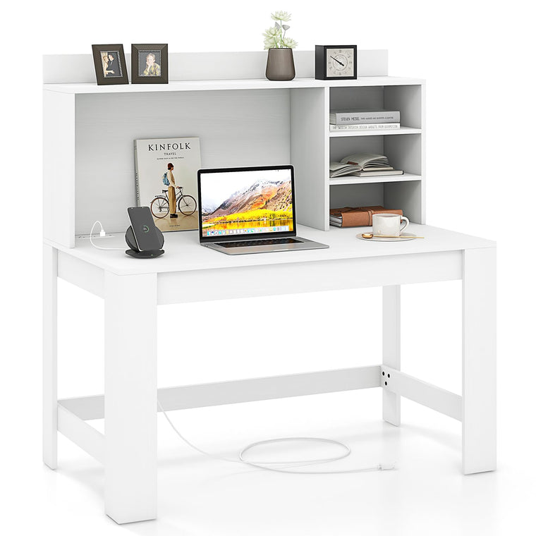 Computer Desk with Hutch, Modern Home Office Desk with Power Outlets, Storage Shelves & Cable Hole - product view 1