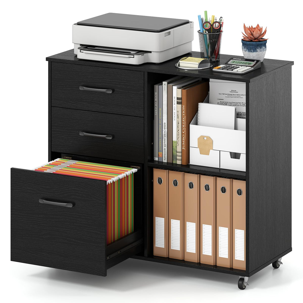 3-Drawer Mobile File Cabinet with Open Storage Shelves - product view 1