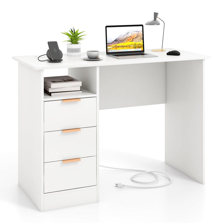 White Desk with Drawers, Modern Home Office Desk Writing Study Desk with Charging Station - product view 1