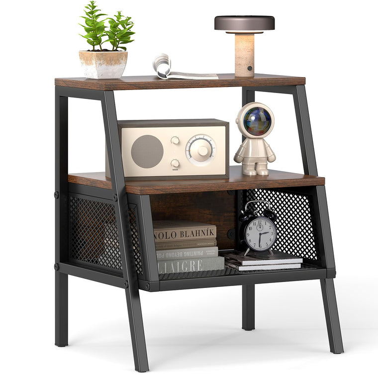 Industrial Nightstand 3-Tier End Table with 2 Open Shelves and Metal Mesh Compartment - product view 1