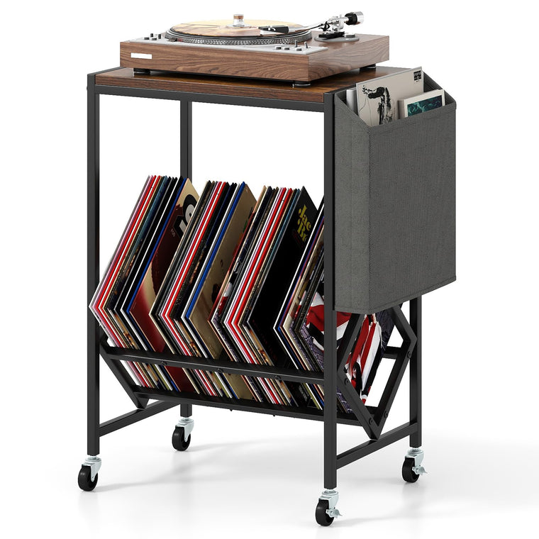 Rolling Record Player Stand 2-Tier with Vinyl Storage and Magazine Holder Bag - product view 1