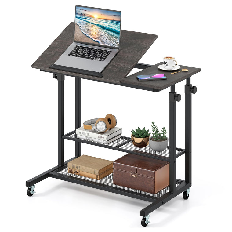 Adjustable Rolling Computer Desk with Tilting Desktop and Storage Shelves - product view 1