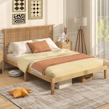 Queen/Full/Twin Size Bed Frames with Rattan Headboard, Boho Solid Wood Platform Bed with Wooden Slats