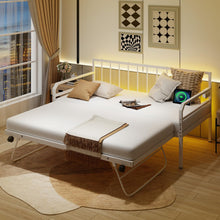 Twin Daybed with Trundle, Twin Bed Frame with Charging Station & LED Lights, Metal Trundle Bed Twin w/Steel Slats Support