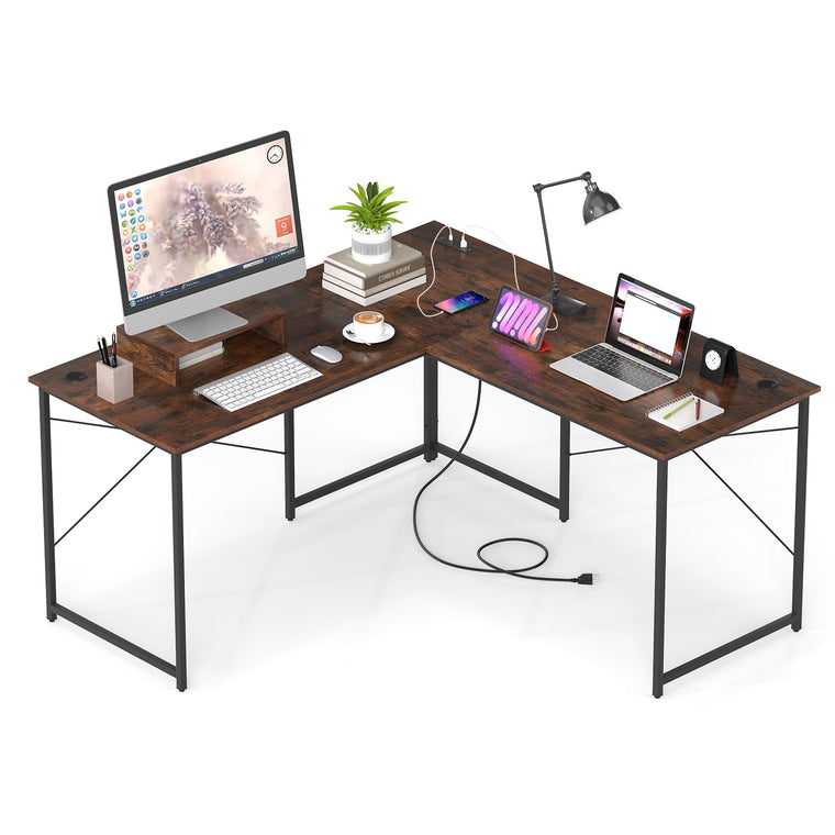 59 Inch Reversible Corner Desk with Power Outlet and USB Ports & Monitor Stand - product view 1