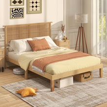 Queen/Full/Twin Size Bed Frames with Rattan Headboard, Boho Solid Wood Platform Bed with Wooden Slats