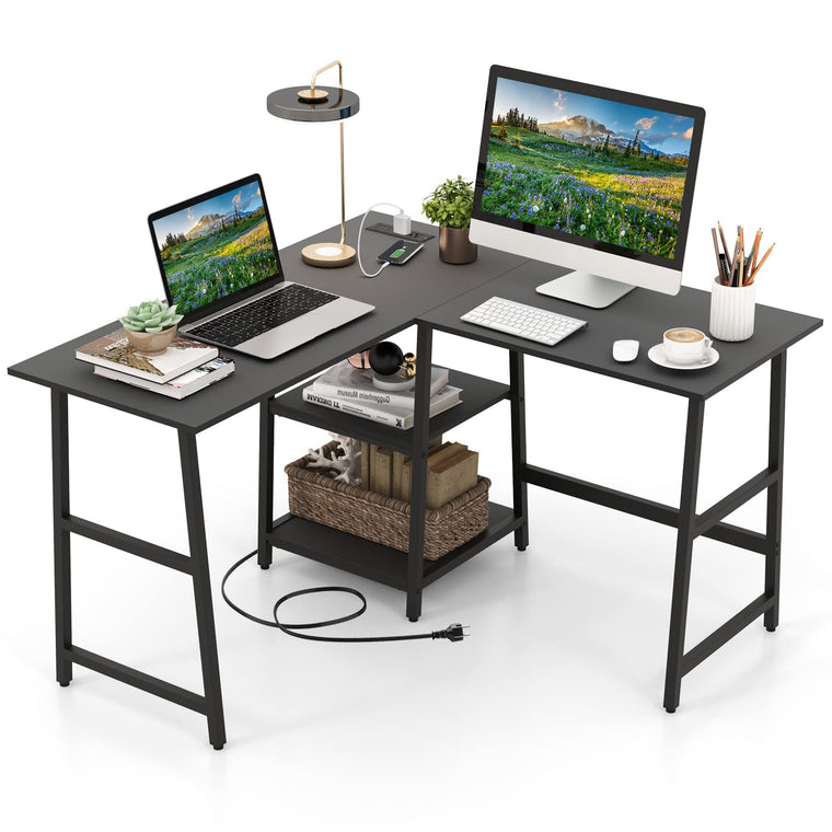 L Shaped Desk with Power Outlets & USB Ports, 48" Corner Gaming Desk with 2 Tier Storage Shelves - product view 1