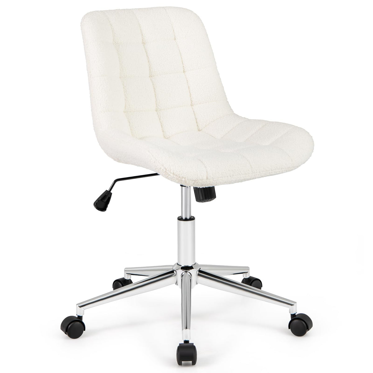 Armless Office Chair, Modern Faux Fur White Vanity Chair with Wheels & Adjustable Height - product view 1