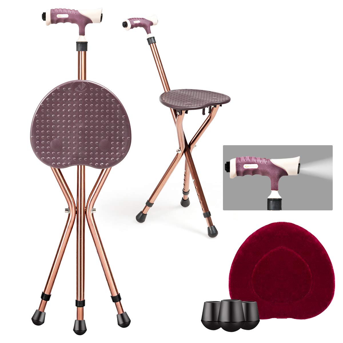 Adjustable Folding Cane Seat, Aluminum Alloy Crutch Chair with LED Light and Retractable 3 Legs - product view 1