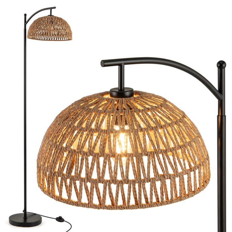 Boho Floor Lamp with Handwoven Paper Rope Shade Arc Standing Lamp with E26 Socket & Foot Switch - product view 1