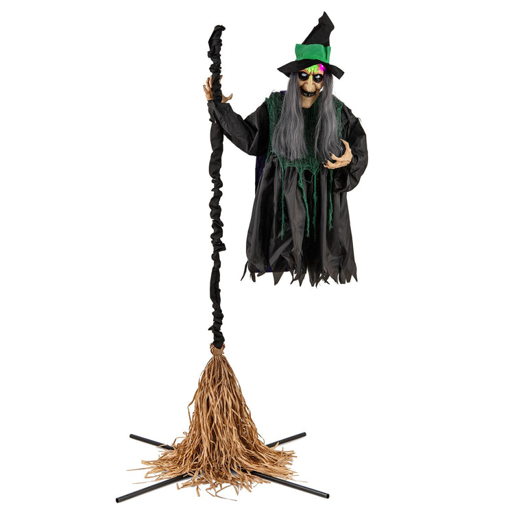Witch with Broomstick Halloween Animatronic, Life Size Animated Halloween Prop with Laughing and Screaming - product view 1