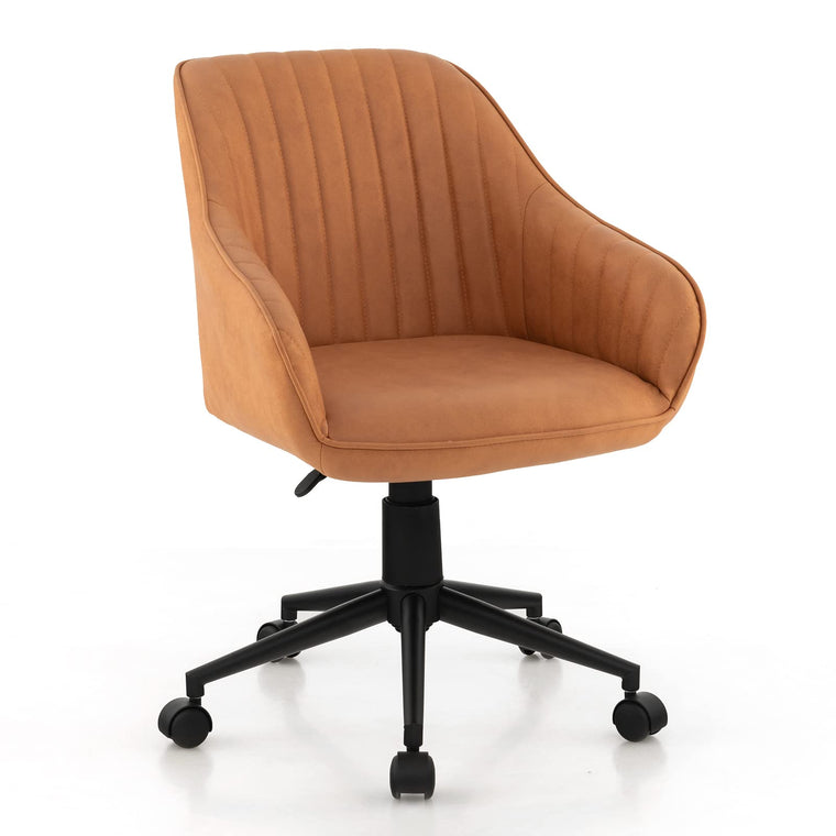 Leather Office Chair Brown, Mid Century Desk Chair with Wheels and Ergonomic Armrests - product view 1