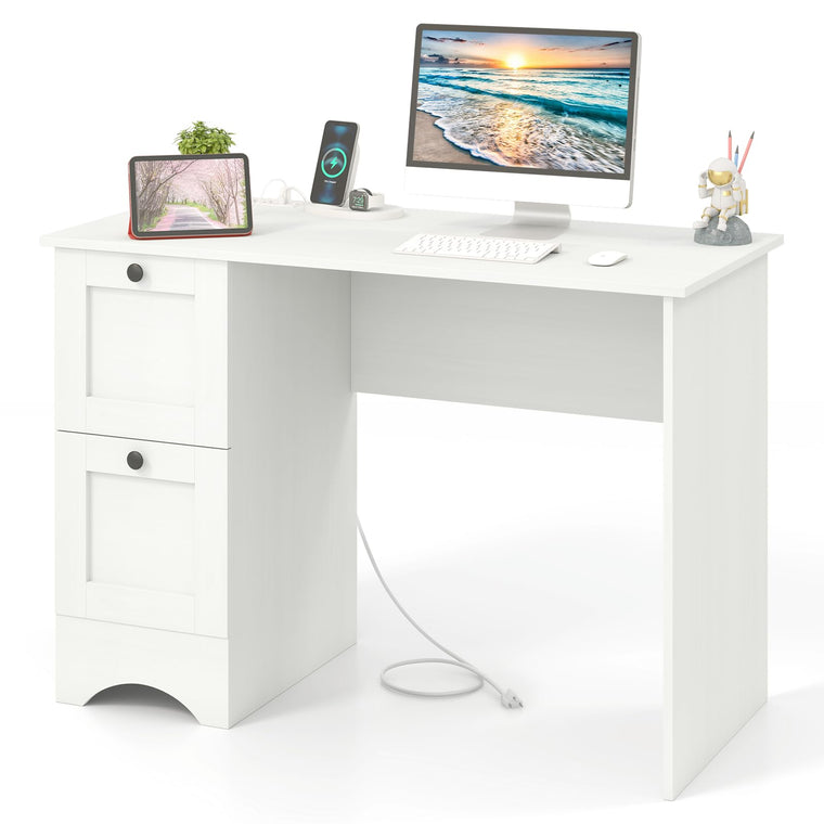 White Desk with 2 Drawers, 43” Wooden Home Office Desk with Charging Station - product view 1