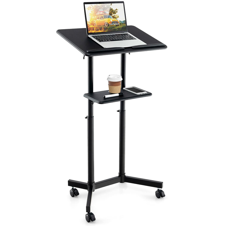 Mobile Laptop Podium, Height Adjustable Standing Desk with Storage Tray - product view 1