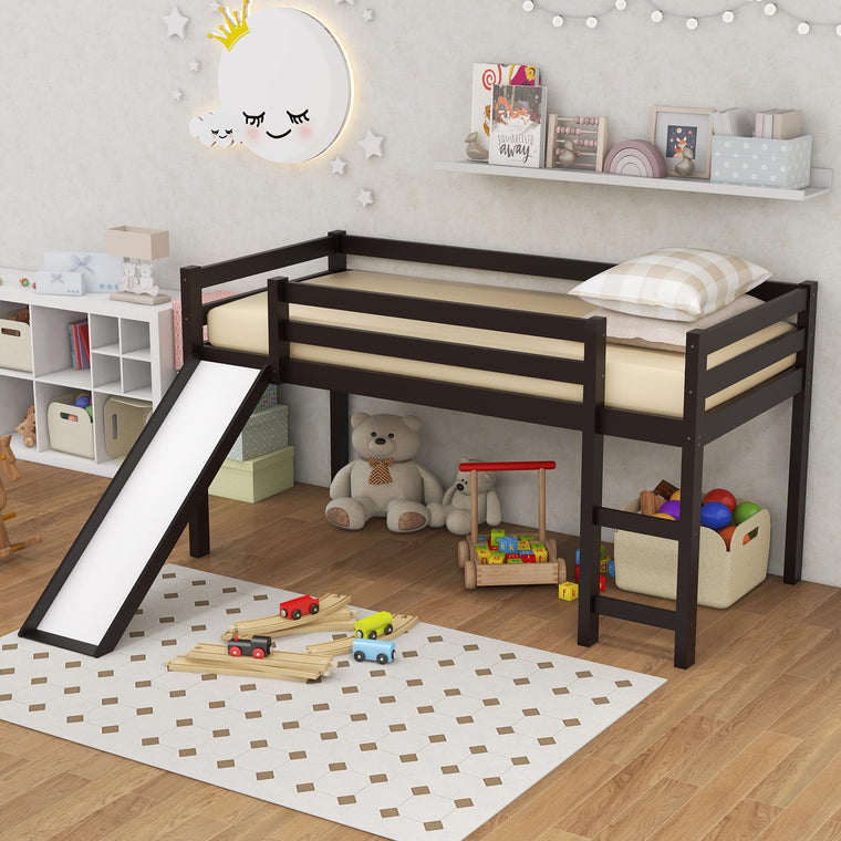 Twin Loft Bed with Slide and Ladder, Solid Wood Loft Bed with Full-Length Guardrails - product view 1