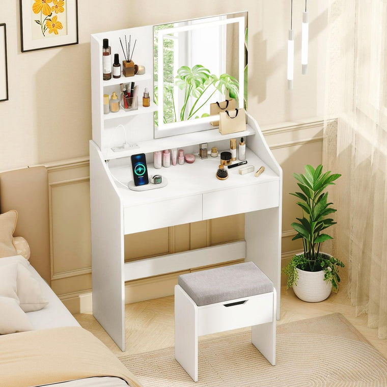 CHARMAID White Vanity Desk with LED Lighted Mirror - product view 1