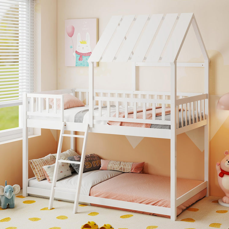 Twin Over Twin House Bunk Bed, Low Loft Bed Frame with Roof - product view 1