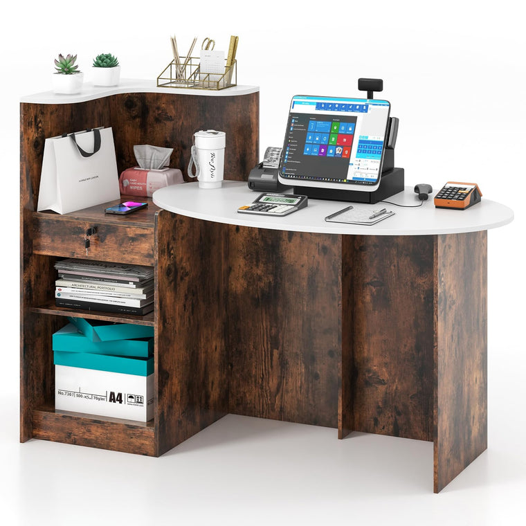 Reception Desk, Front Counter Desk with Lockable Drawer, Oval Tabletop & Adjustable Shelf - product view 1