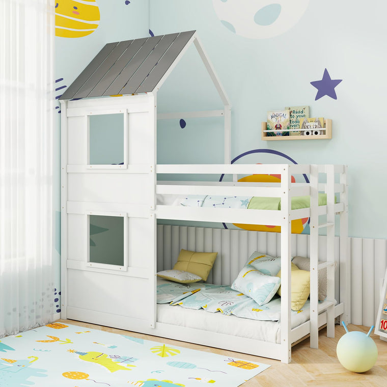 House Bunk Bed Twin Over Twin, Solid Wood Floor Bunk Bed with Built in Ladder, Window & Safety Guardrail - product view 1