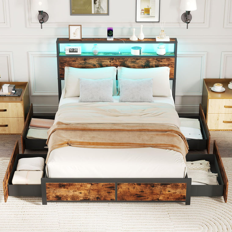 Queen/Full Size LED Bed Frame with Charging Station & 4 Storage Drawers - product view 1