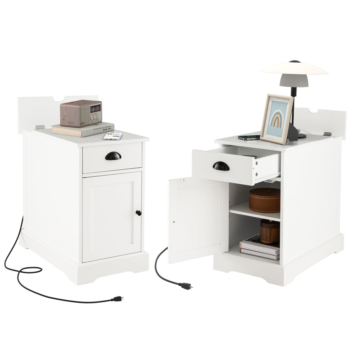 End Table with Charging Station Set of 2, Flip Top Side Table with USB Ports and Outlets, White - product view 1