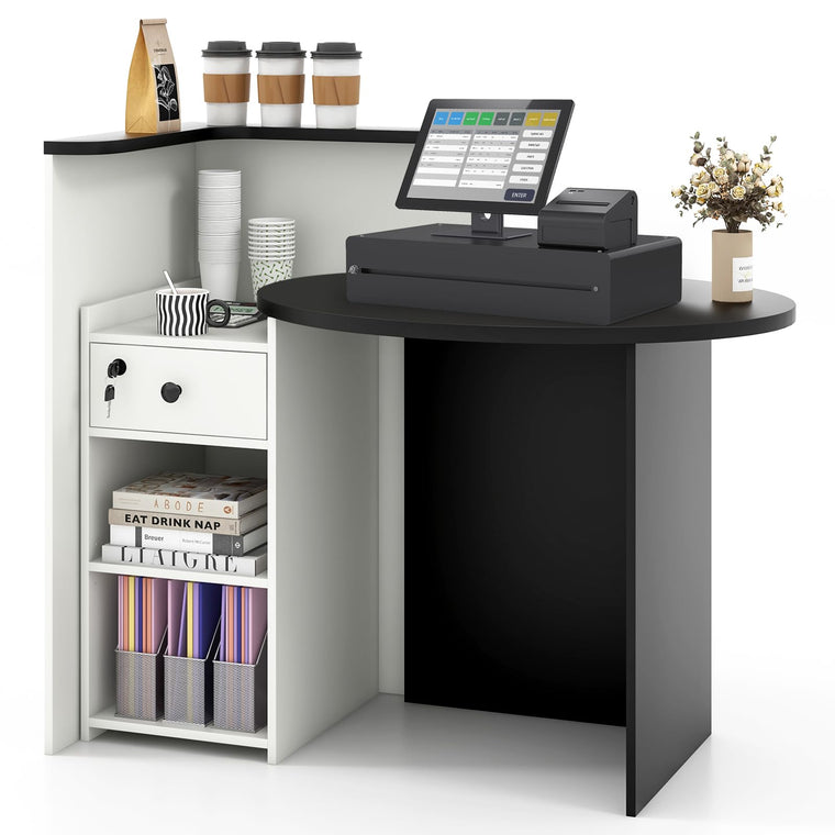 Reception Desk, Front Counter Desk with Lockable Drawer, Checkout Table with Round Tabletop - product view 1