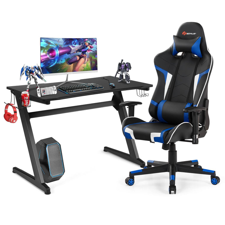 Gaming Desk & Chair Combo Set, Racing Style Home Office Chair & Desk w/Cup Holder, Headphone Hook & Mouse Pad - product view 1