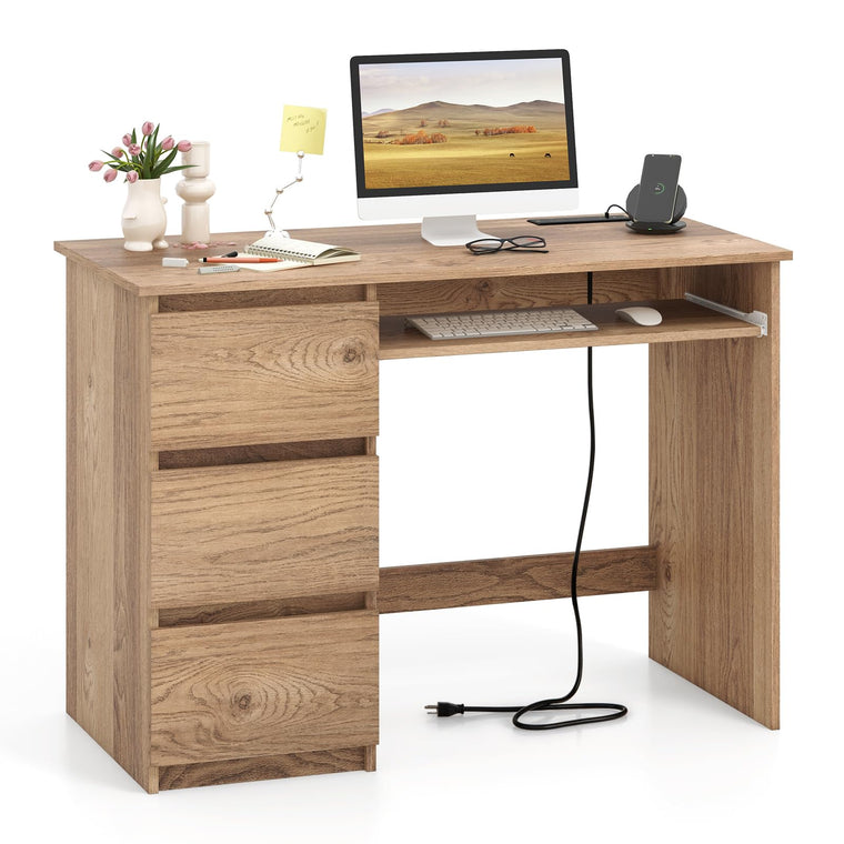 Computer Desk with Power Outlet, Modern Office Desk with Keyboard Tray & 3 Large Drawers - product view 1