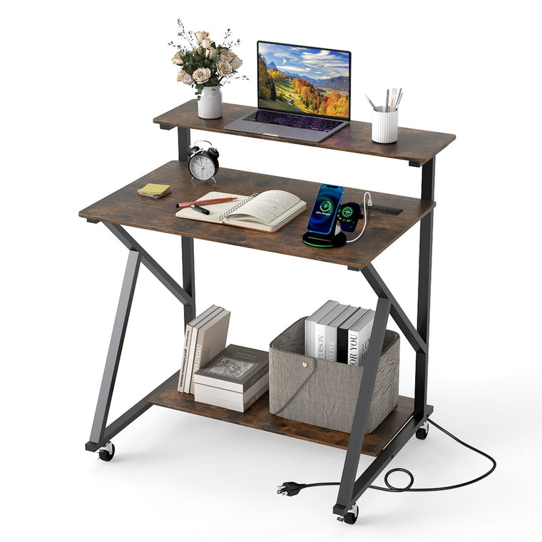 Rolling Small Desk with Storage | Compact Computer Desk for Small Spaces with Charging Station - product view 1