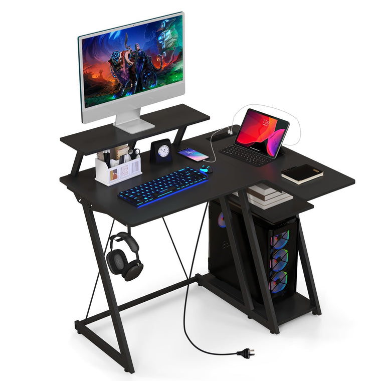 L Shaped Gaming Desk with Outlets & USB Ports, Small Computer Desk with Monitor Shelf - product view 1