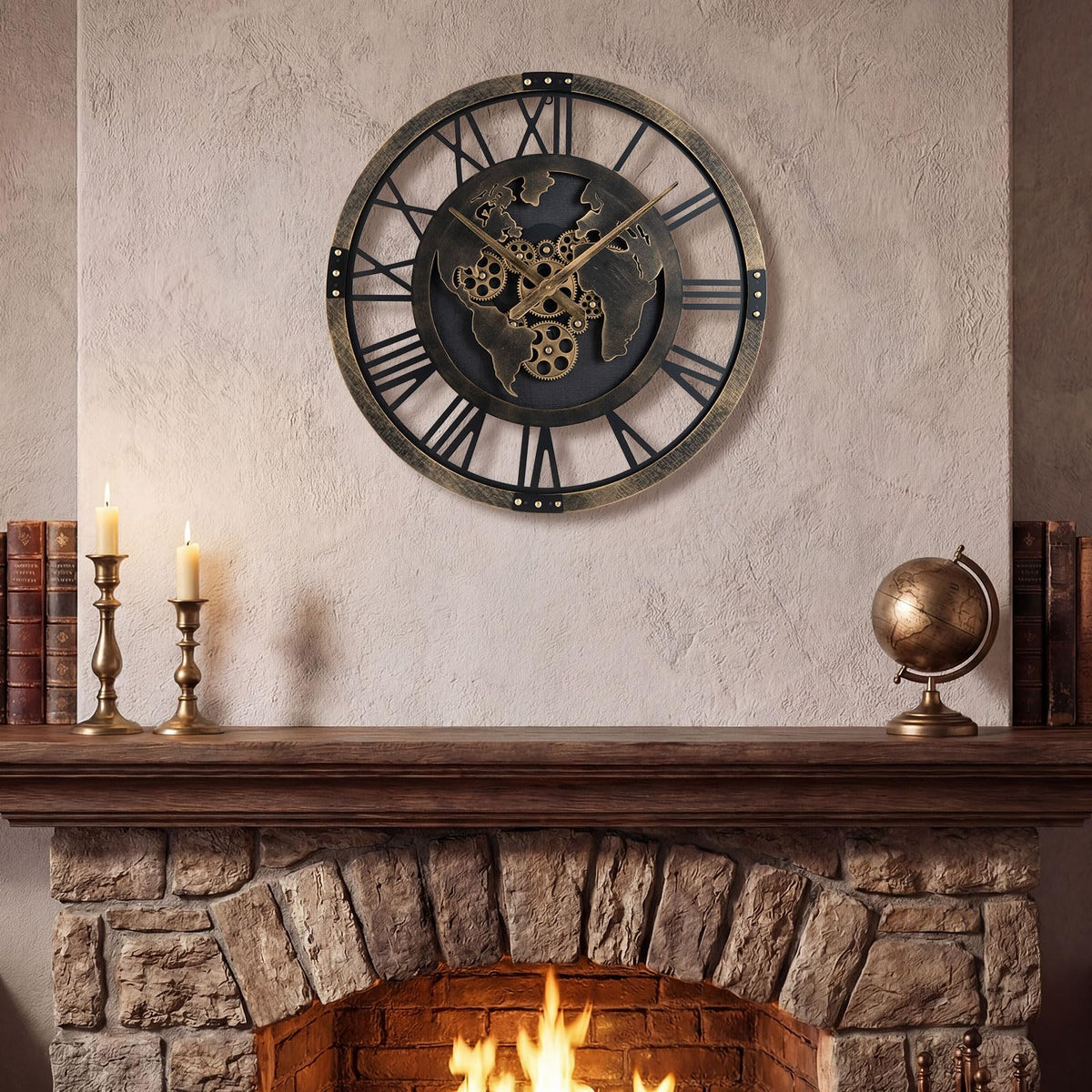 27" Gear Clock with World Map | Non-Ticking Decorative Metal Clock with Moving Gears - product view 1