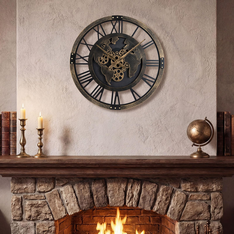 27" Gear Clock with World Map | Non-Ticking Decorative Metal Clock with Moving Gears - product view 1