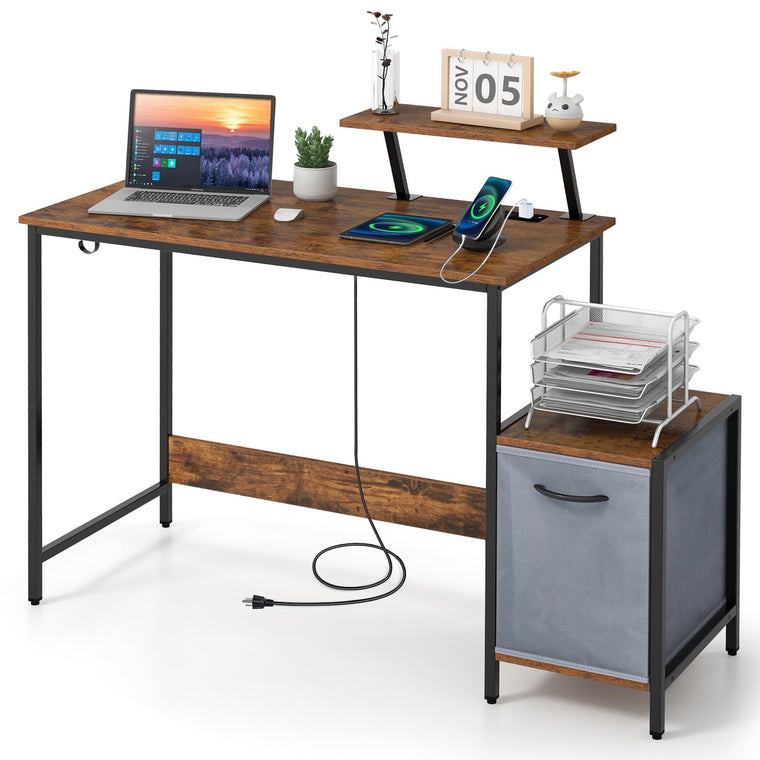 Computer Desk with Drawer and Power Outlet, Home Office Desk with Reversible Storage Drawer - product view 1