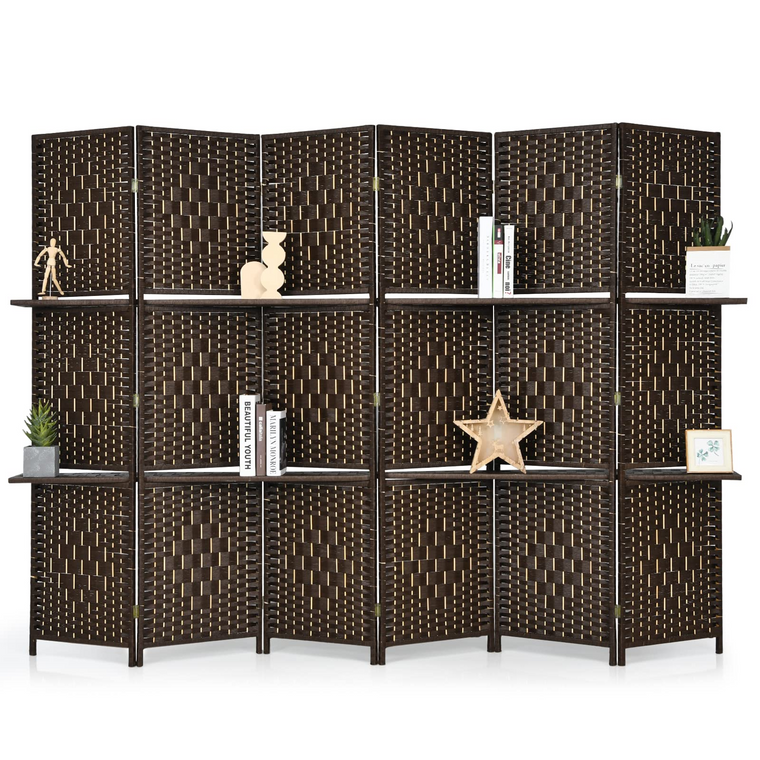 6 Panel Room Divider Screen, 6Ft Hand-Woven Rattan Wood Room Divider w/ Shelves - product view 1