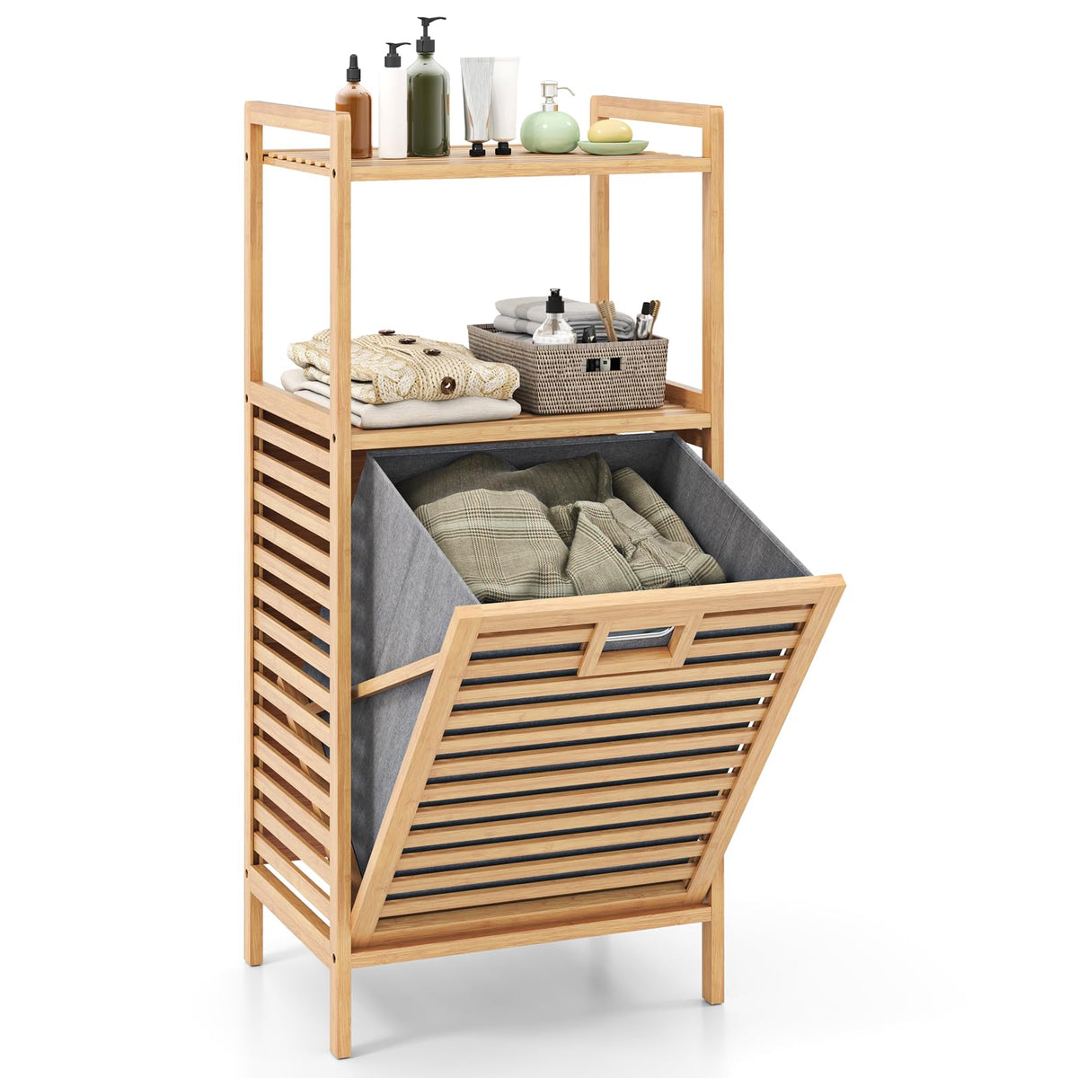 Tilt Out Laundry Hamper Bamboo Laundry Storage Cabinet with 2-Tier Storage Shelves - product view 1