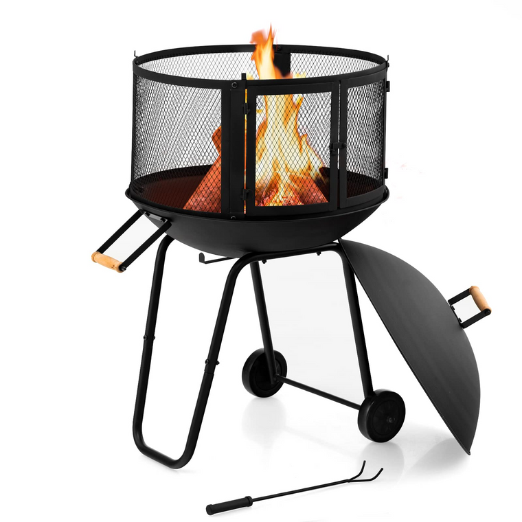28” Portable Fire Pit on Wheels - Mobile Wood Burning Firepit with Log Grate - product view 1