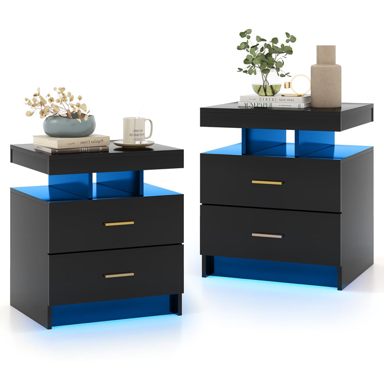 LED Nightstand, Modern Black Bedside Tables with 2 Storage Drawers - product view 1