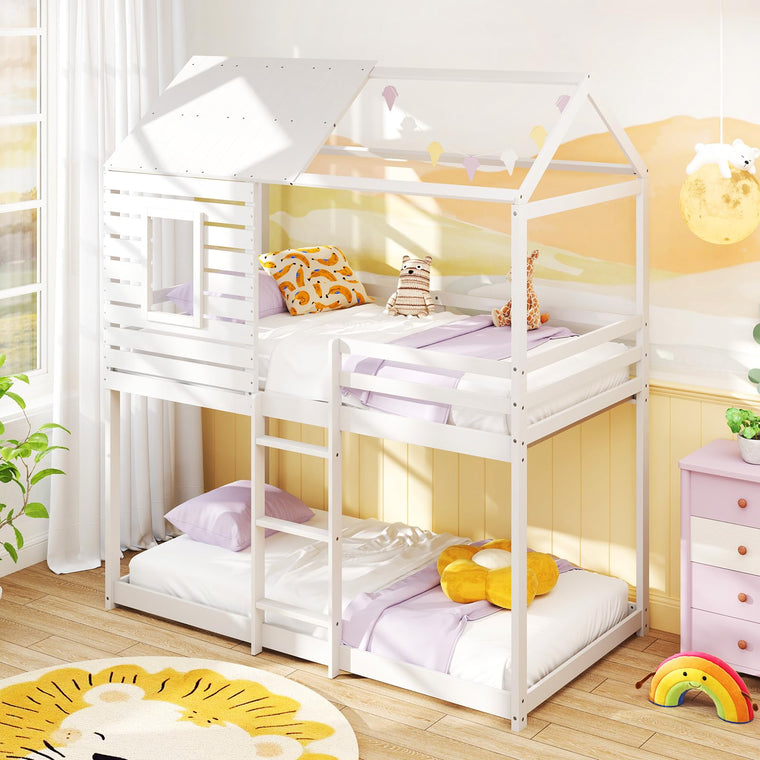 White Wood Bunk Bed Twin Over Twin with Ladder and Guardrail - product view 1